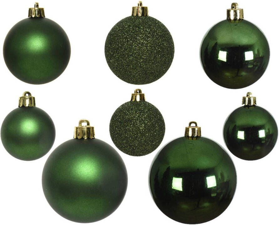 Decoris 52x stuks kunststof kerstballen donkergroen (pine) 6-8-10 cm glans mat glitter Kerstbal