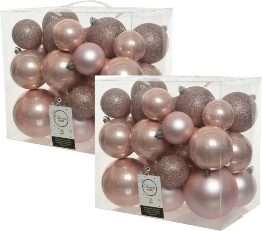Decoris 52x stuks kunststof kerstballen lichtroze (blush) 6-8-10 cm glans mat glitter Kerstbal