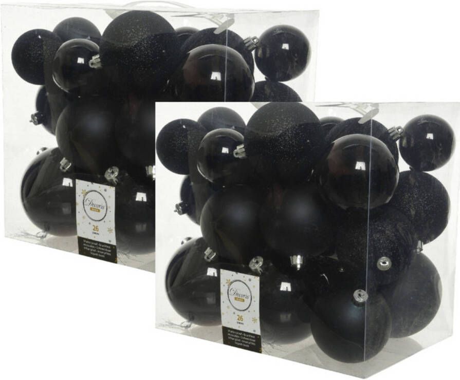 Decoris 52x stuks kunststof kerstballen zwart 6-8-10 cm glans mat glitter Kerstbal