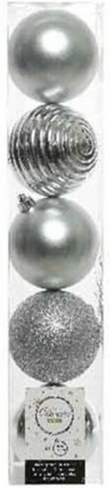 Decoris 5x Kunststof kerstballen mix zilver 8 cm kerstboom versiering decoratie Kerstbal