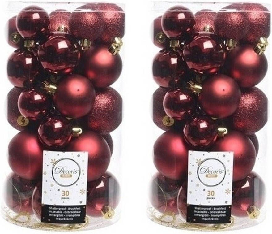 Decoris 60x Kunststof kerstballen glanzend mat glitter donkerrode kerstboom versiering decoratie Kerstbal