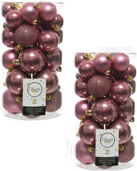 Decoris 60x Kunststof kerstballen glanzend mat glitter oud roze kerstboom versiering decoratie Kerstbal