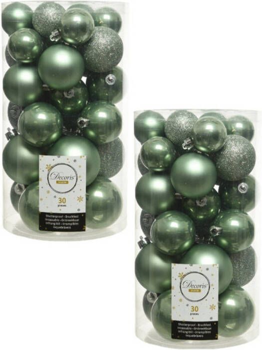 Decoris 60x Kunststof kerstballen glanzend mat glitter salie groen kerstboom versiering decoratie Kerstbal