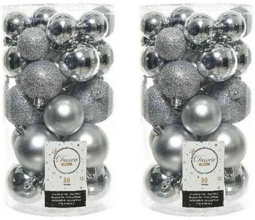 Decoris 60x Kunststof kerstballen glanzend mat glitter zilver kerstboom versiering decoratie Kerstbal
