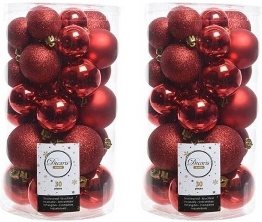 Decoris 60x Kunststof kerstballen glanzend mat glitter rode kerstboom versiering decoratie Kerstbal