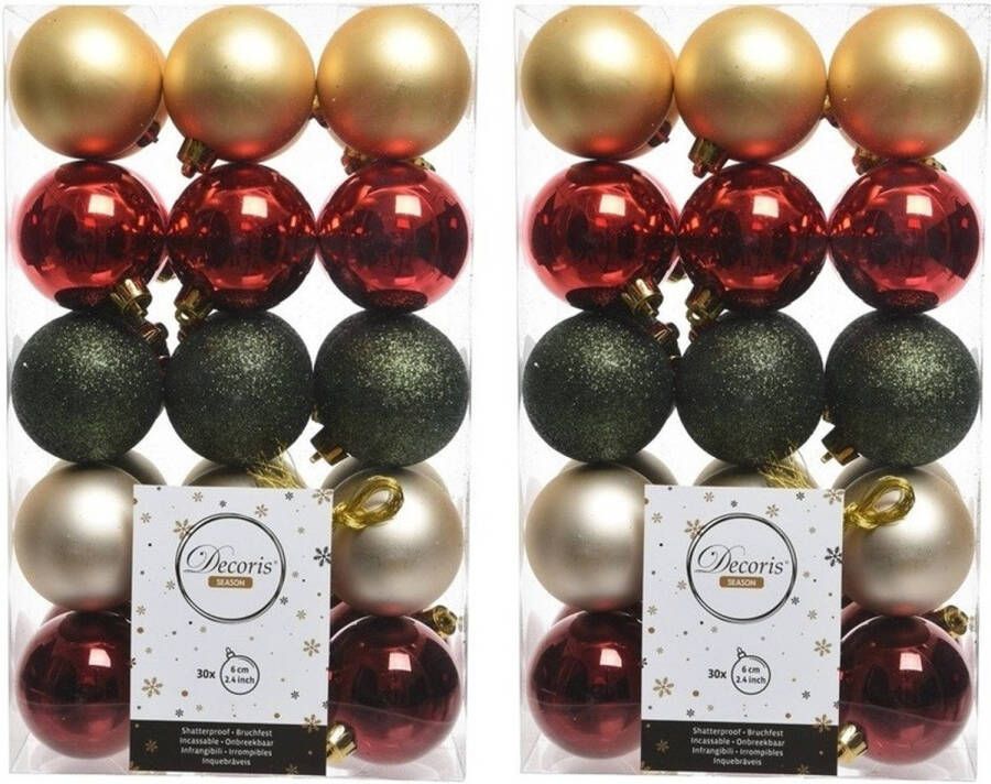 Decoris 60x Rood groen gouden kerstballenset kunststof 6 cm Kerstbal