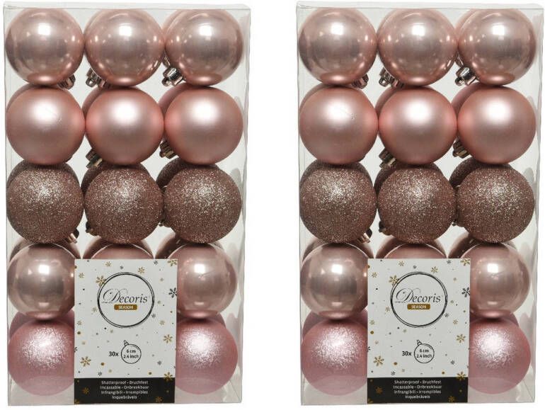 Decoris 60x stuks kunststof kerstballen lichtroze (blush) 6 cm glans mat glitter Kerstbal