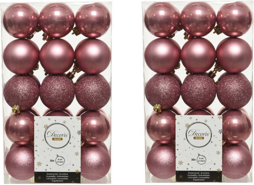 Decoris 60x stuks kunststof kerstballen oudroze (velvet) 6 cm glans mat glitter Kerstbal