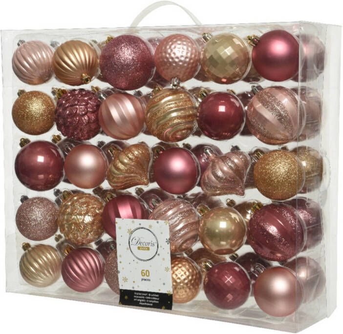 Decoris 60x stuks kunststof kerstballen roze bruin mix 6 en 7 cm Kerstbal