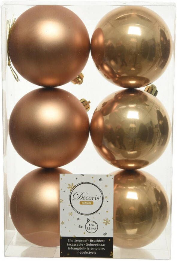 Decoris 6x Kunststof kerstballen glanzend mat camel bruin 8 cm kerstboom versiering decoratie Kerstbal