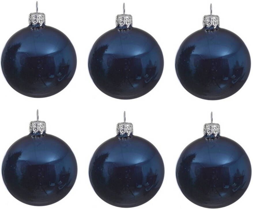 Decoris 6x Glazen kerstballen glans donkerblauw 6 cm kerstboom versiering decoratie Kerstbal