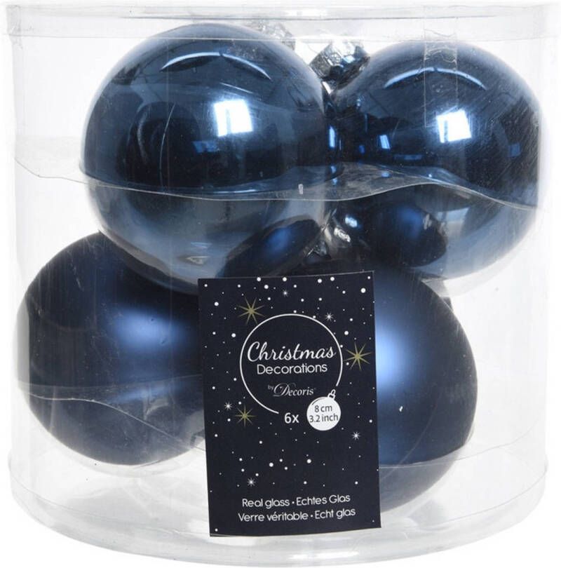 Decoris 6x Donkerblauwe glazen kerstballen 8 cm glans en mat Kerstbal
