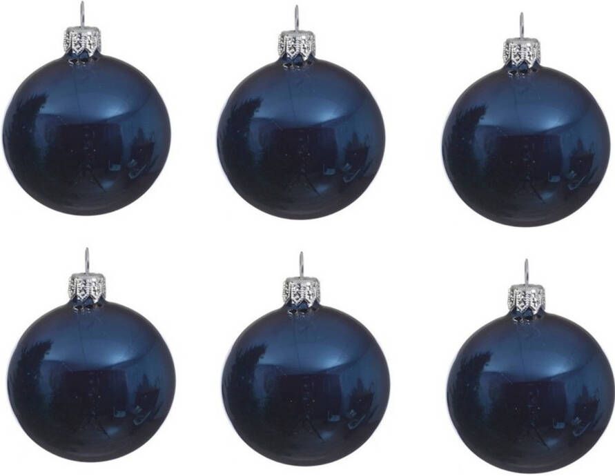 Decoris 6x Glazen kerstballen glans donkerblauw 8 cm kerstboom versiering decoratie Kerstbal