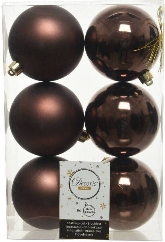 Decoris 6x Kunststof kerstballen glanzend mat donkerbruin 8 cm kerstboom versiering decoratie Kerstbal