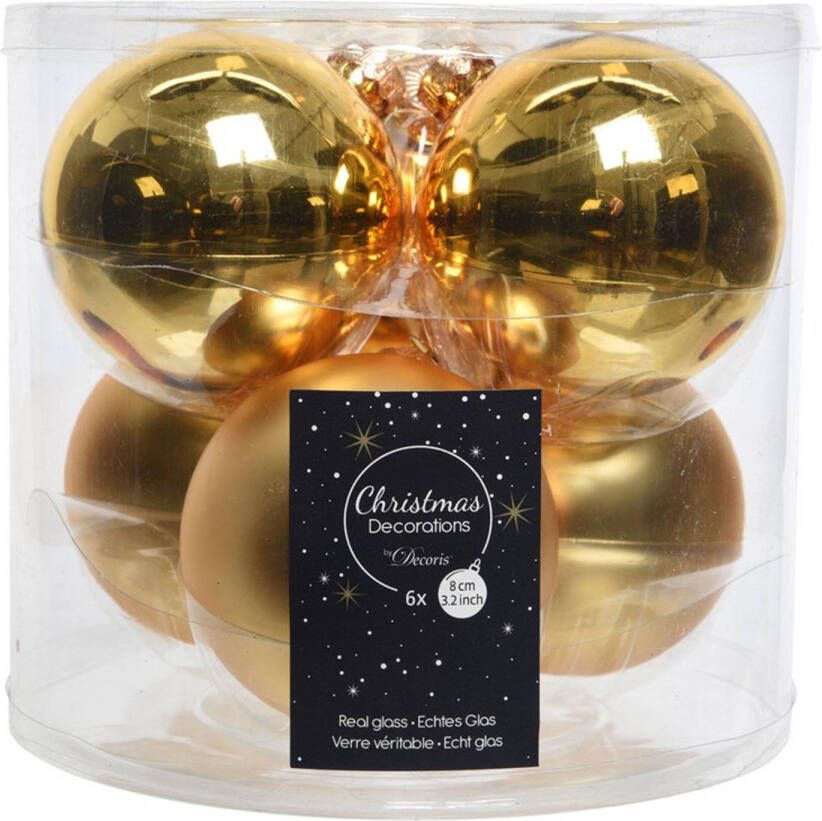 Decoris 6x Gouden glazen kerstballen 8 cm glans en mat Kerstbal