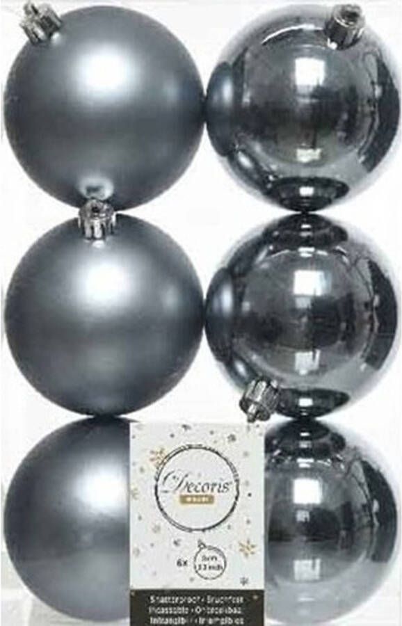 Decoris 6x Kunststof kerstballen glanzend mat grijsblauw 8 cm kerstboom versiering decoratie Kerstbal
