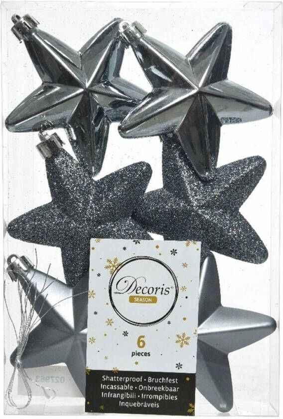 Decoris 6x Kunststof sterren kerstballen glans mat glitter grijsblauw 7 cm kerstboom versiering decoratie Kersthangers