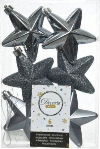 Decoris 6x Grijsblauwe Sterren Kerstballen 7 Cm Kunststof Kersthangers