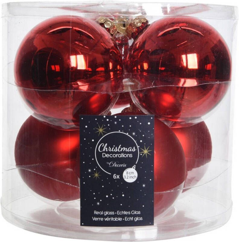 Decoris 6x Kerst rode glazen kerstballen 8 cm glans en mat Kerstbal