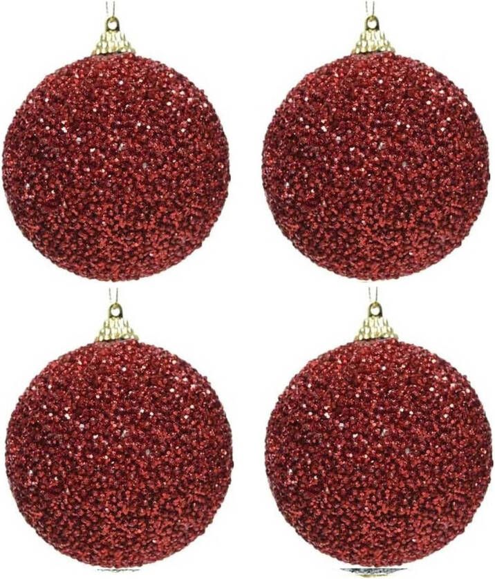 Decoris 6x Kerstballen kerst rode glitters 8 cm met kralen kunststof kerstboom versiering decoratie Kerstbal