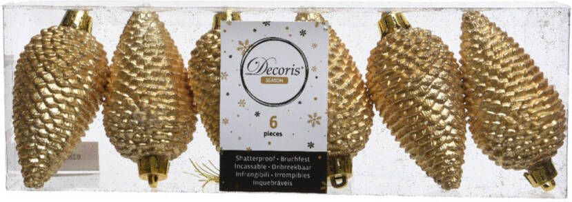 Decoris 6x Kunststof dennenappel kerstballen glitter goud 8 cm kerstboom versiering decoratie Kersthangers