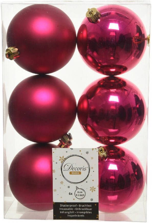 Decoris 6x Kunststof kerstballen glanzend mat bessen roze 8 cm kerstboom versiering decoratie Kerstbal