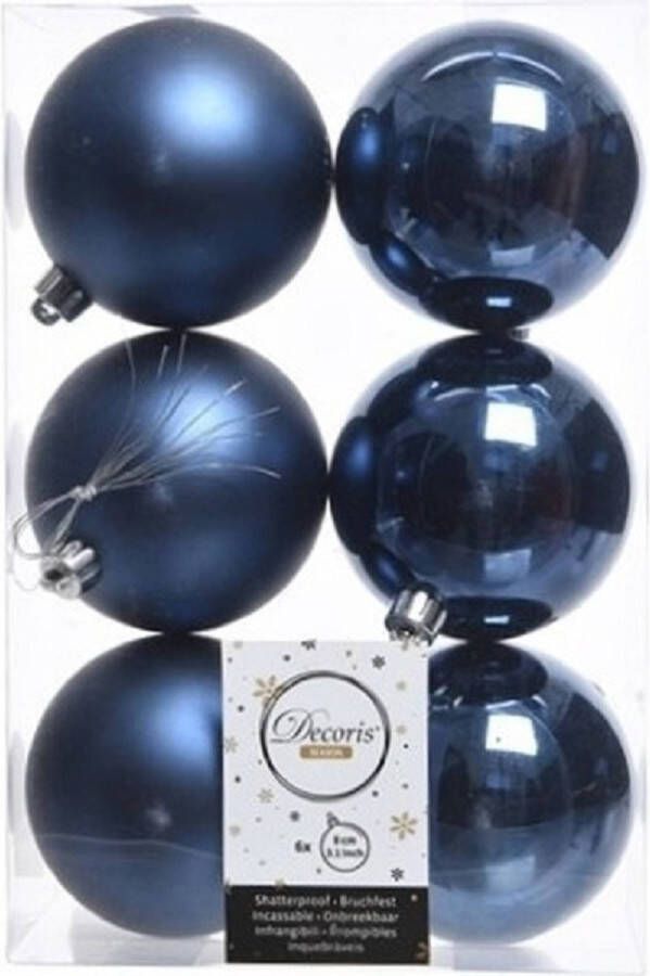 Decoris 6x Kunststof kerstballen glanzend mat donkerblauw 8 cm kerstboom versiering decoratie Kerstbal