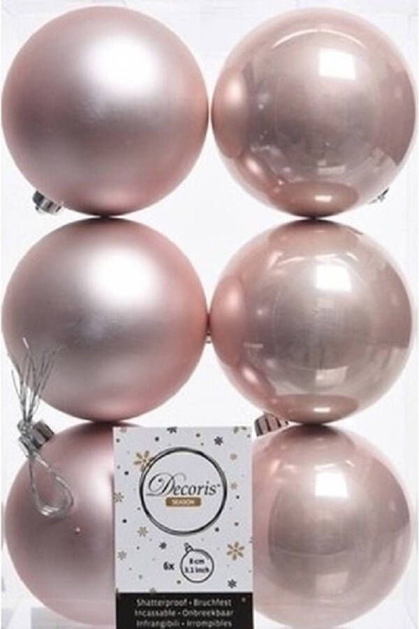 Decoris 6x Kunststof kerstballen glanzend mat licht roze 8 cm kerstboom versiering decoratie lichtroze Kerstbal