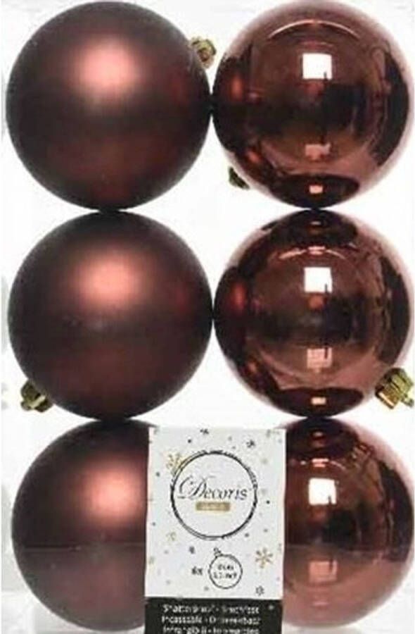 Decoris 6x Kunststof kerstballen glanzend mat mahonie bruin 8 cm kerstboom versiering decoratie Kerstbal
