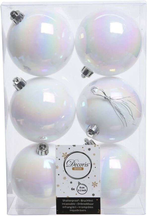 Decoris 6x Kunststof kerstballen glanzend mat parelmoer wit 8 cm kerstboom versiering decoratie Kerstbal