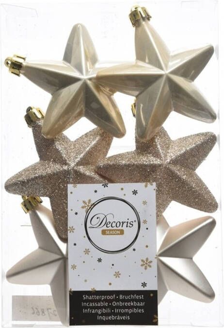 Decoris 6x Licht parel champagne sterren kerstballen 7 cm kunststof glans Kersthangers