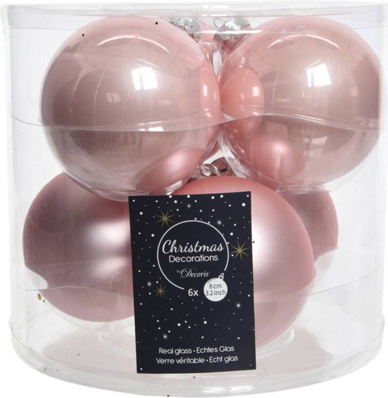 Decoris Kerstboomversiering licht roze kerstballen van glas 8 cm 6 stuks Kerstbal