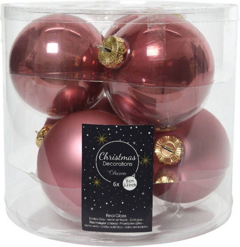 Decoris 6x Oud roze glazen kerstballen 8 cm glans en mat Kerstbal