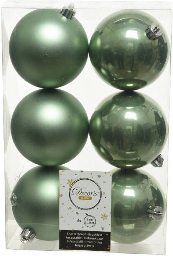 Decoris 6x Kunststof kerstballen glanzend mat salie groen 8 cm kerstboom versiering decoratie Kerstbal