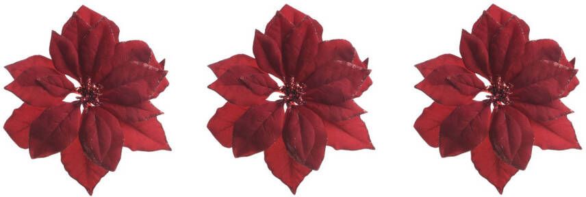 Decoris 6x Stuks Decoratie Bloemen Kerstster Rood Glitter Op Clip 24 Cm Kersthangers