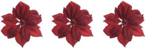 Decoris 6x stuks decoratie bloemen kerstster rood glitter op clip 24 cm Kunstbloemen