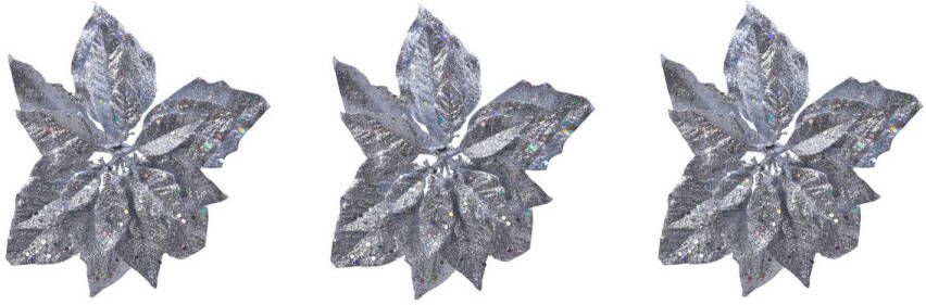 Decoris 6x stuks decoratie bloemen kerstster zilver glitter op clip 23 cm Kunstbloemen