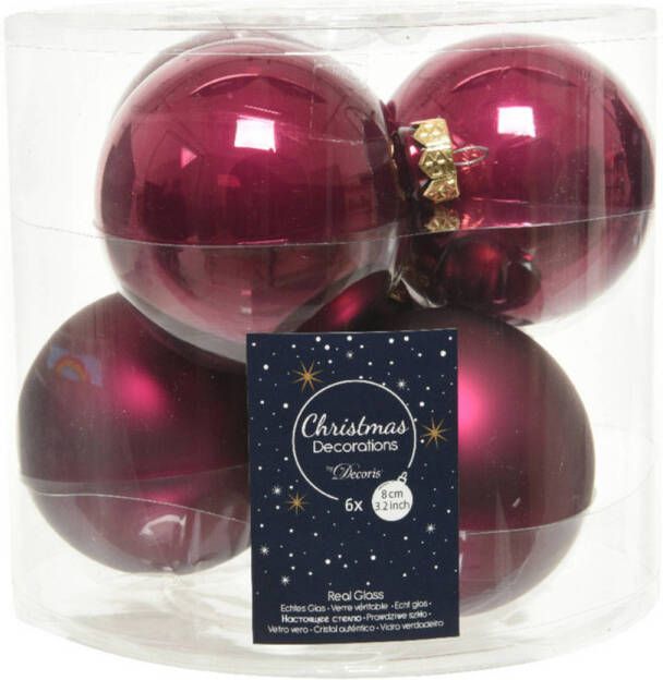 Decoris 6x stuks glazen kerstballen framboos roze (magnolia) 8 cm mat glans Kerstbal
