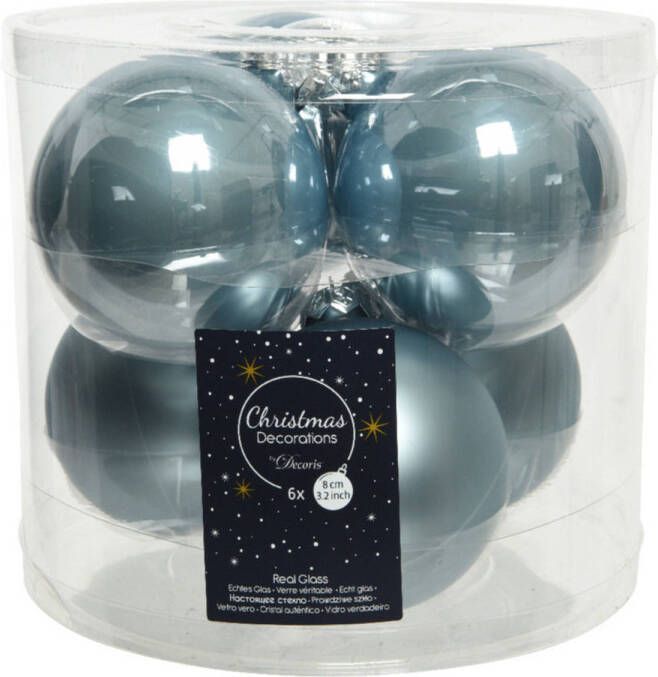 Decoris 6x stuks glazen kerstballen lichtblauw 8 cm mat glans Kerstbal