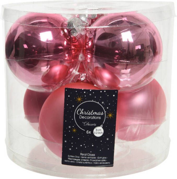 Decoris 6x stuks glazen kerstballen lippenstift roze 8 cm mat glans Kerstbal