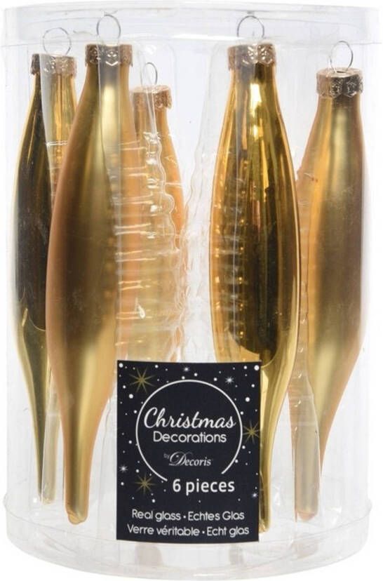Decoris 6x stuks glazen kersthangers ijspegels kerstballen goud 15 cm Kersthangers