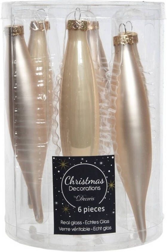 Decoris 18x stuks glazen kersthangers ijspegels kerstballen licht parel champagne 15 cm Kersthangers