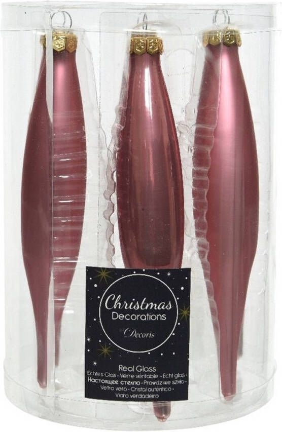 Decoris 6x stuks glazen kersthangers ijspegels kerstballen oudroze 15 cm Kersthangers