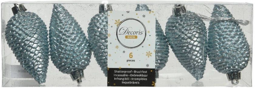 Decoris 6x stuks kunststof glitter dennenappels kersthangers lichtblauw 8 cm Kersthangers