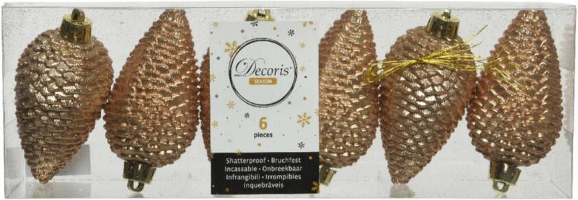 Decoris 6x stuks kunststof glitter dennenappels kersthangers toffee bruin 8 cm Kersthangers