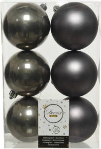 Decoris 6x Stuks Kunststof Kerstballen Antraciet (Warm Grey) 8 Cm Glans mat Kerstbal