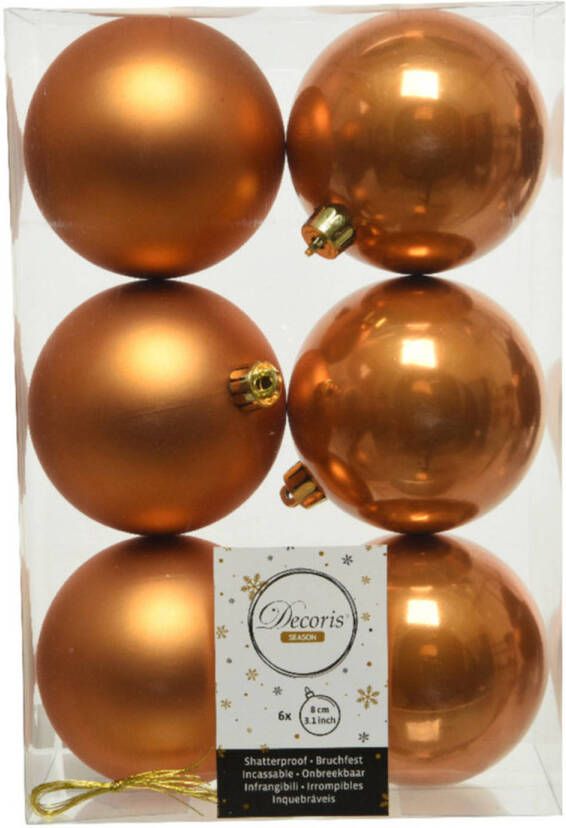 Decoris 6x stuks kunststof kerstballen cognac bruin (amber) 8 cm glans mat Kerstbal
