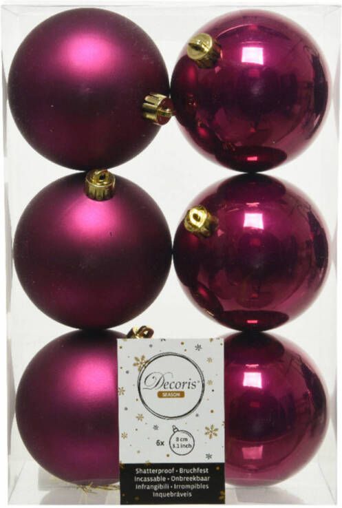 Decoris 6x stuks kunststof kerstballen framboos roze (magnolia) 8 cm glans mat Kerstbal