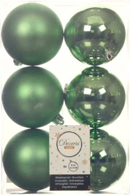 Decoris 6x stuks kunststof kerstballen groen 8 cm glans mat Kerstbal