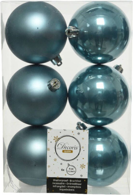 Decoris 6x stuks kunststof kerstballen ijsblauw (blue dawn) 8 cm glans mat Kerstbal